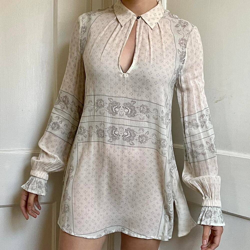 Free People Changing Times Mixed Printed Tunic Top Long Sleeve Sz S Ivory Combo
